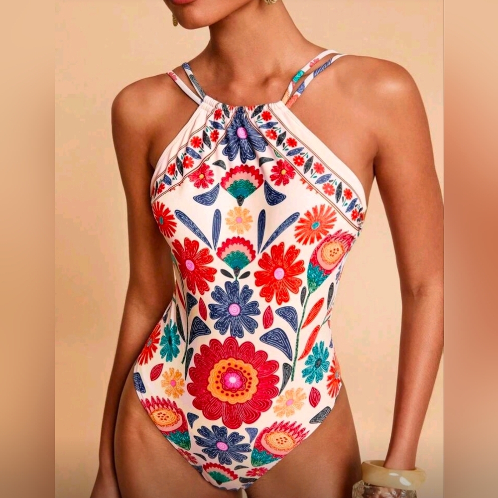 New SHEIN Swimsuit Women LARGE Boho Floral HALTER Cheeky One Piece Swimsuit